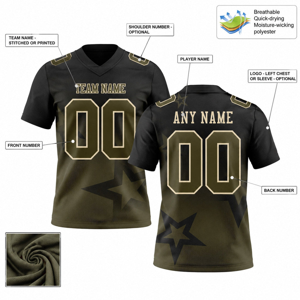 Custom Black Gradient Twinkle Star Authentic Football Jersey with Olive and Cream Lettering customization guide