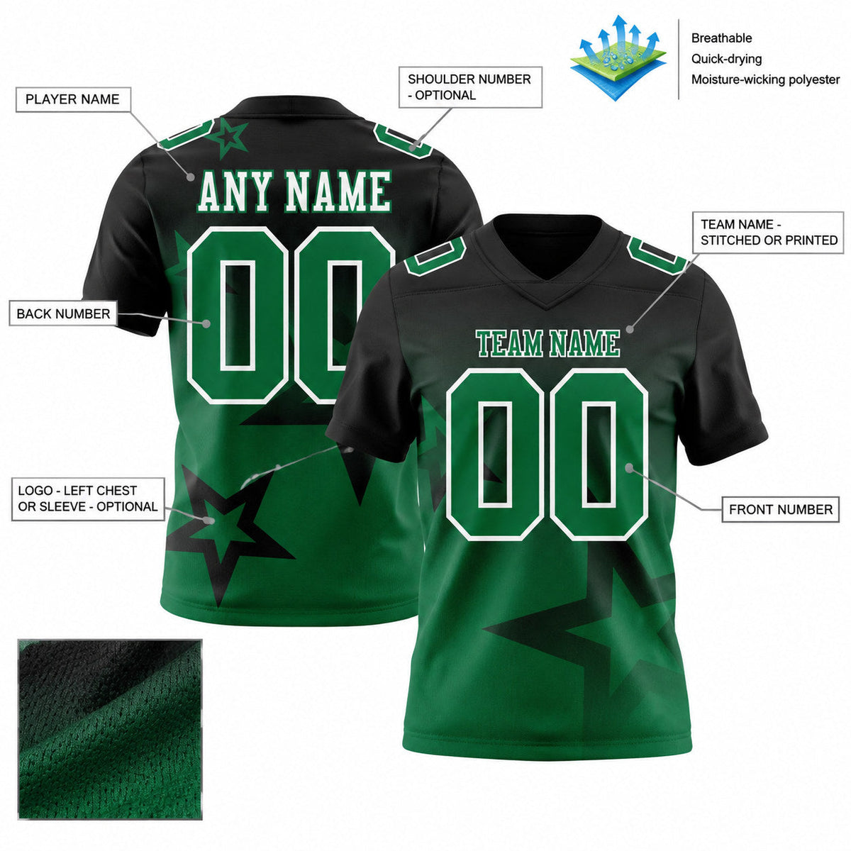 Custom Black Gradient Twinkle Star Authentic Football Jersey with Kelly Green and White Lettering customization guide