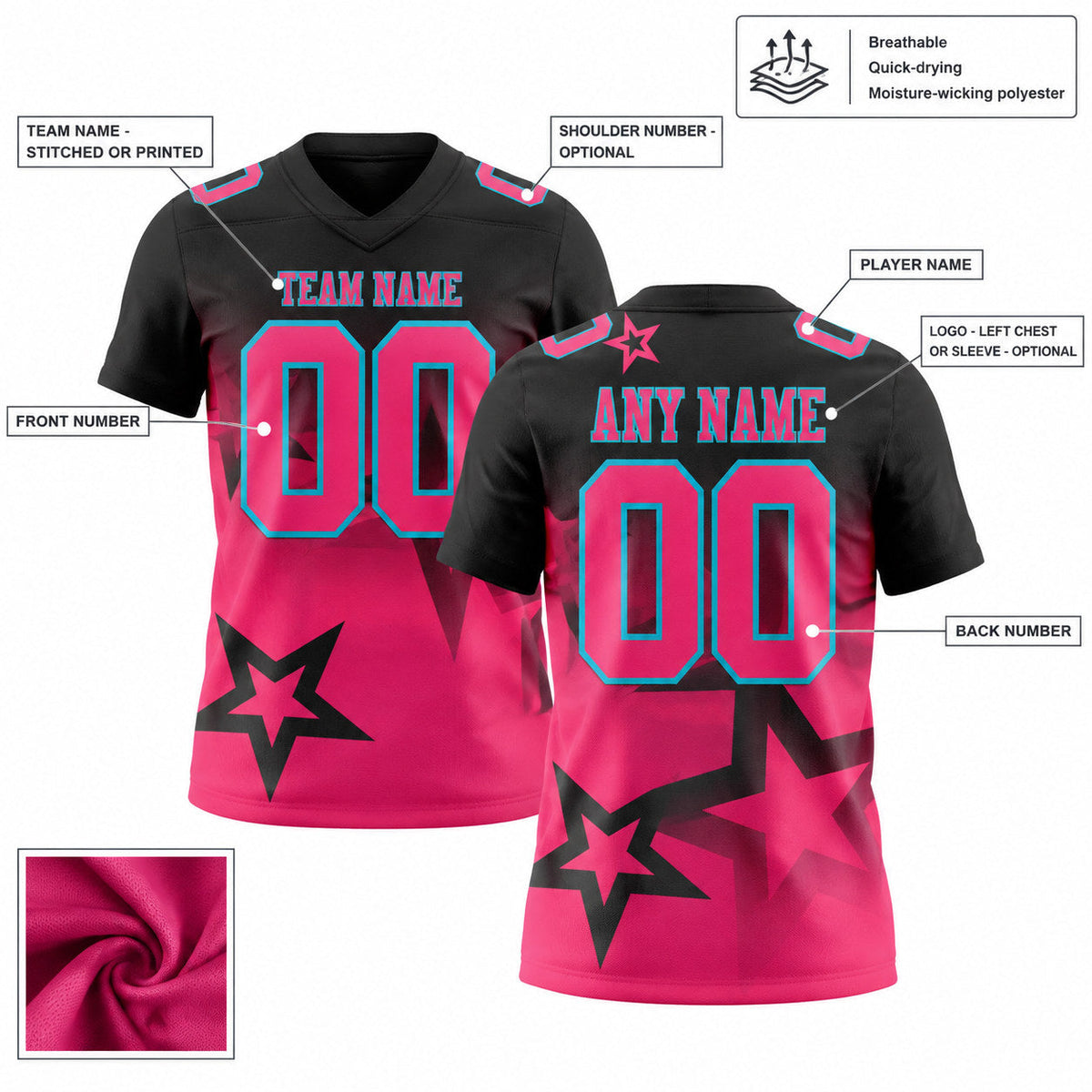 Custom Black Gradient Twinkle Star Authentic Football Jersey with Neon Pink and Aqua Lettering customization guide