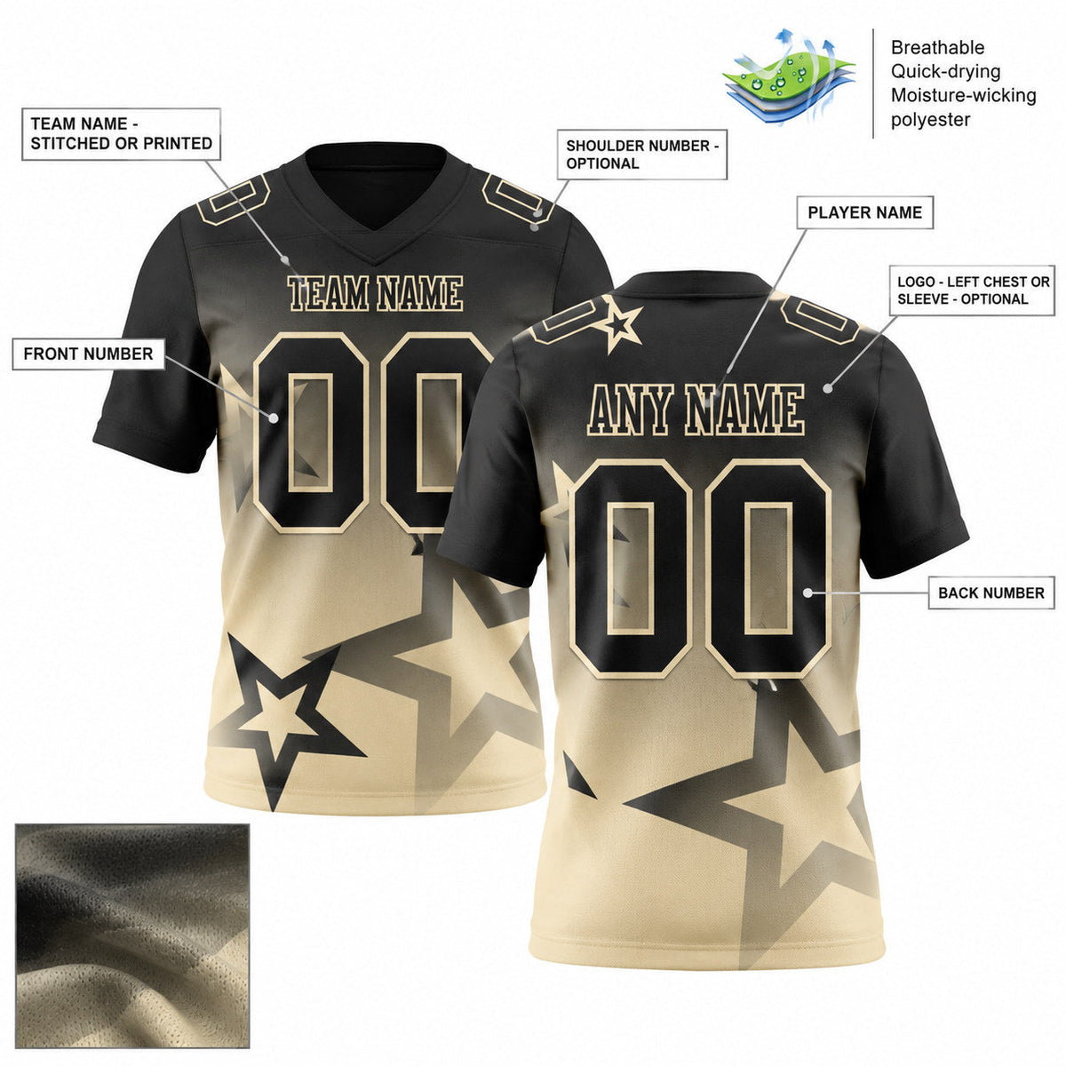 Custom Black and Cream Gradient Twinkle Star Authentic Football Jersey customization guide
