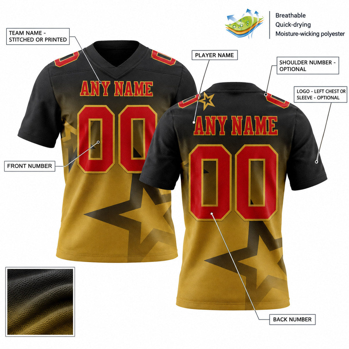 Custom Black Gradient Twinkle Star Authentic Football Jersey with Red and Old Gold Lettering customization guide