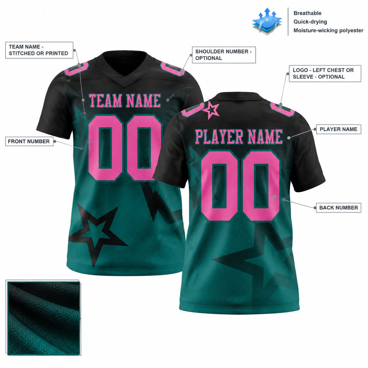 Custom Black Gradient Twinkle Star Authentic Football Jersey with Pink and Teal Lettering customization guide