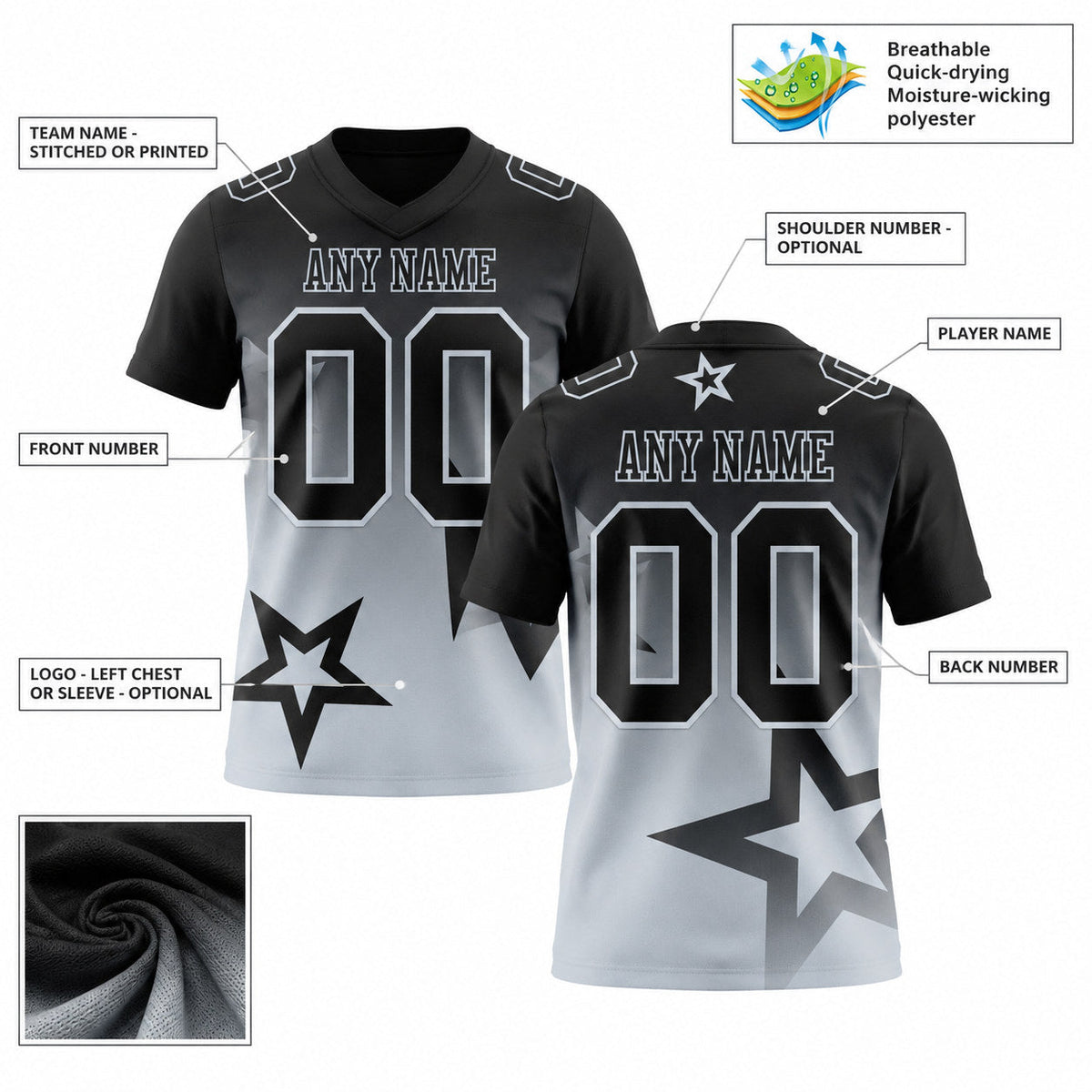 Custom Black and Silver Gradient Twinkle Star Authentic Football Jersey customization guide