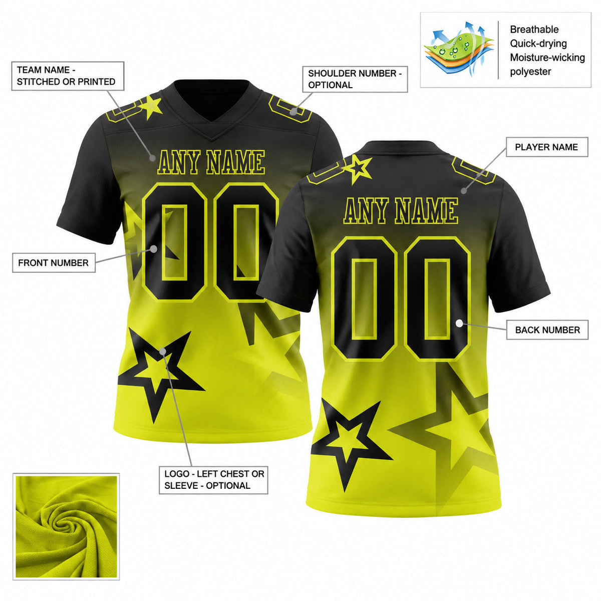 Custom Black and Neon Yellow Gradient Twinkle Star Authentic Football Jersey customization guide