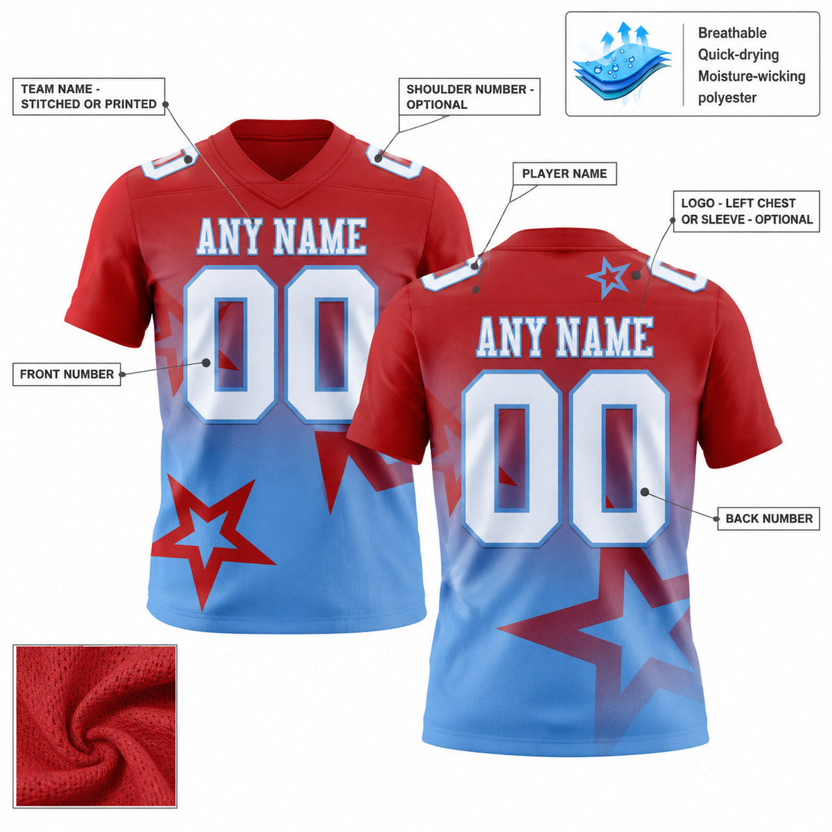 Custom Red Gradient Twinkle Star Authentic Football Jersey with White and Light Blue Lettering customization guide