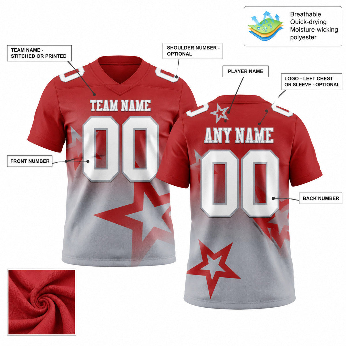 Custom Red Gradient Twinkle Star Authentic Football Jersey with White and Gray Lettering customization guide
