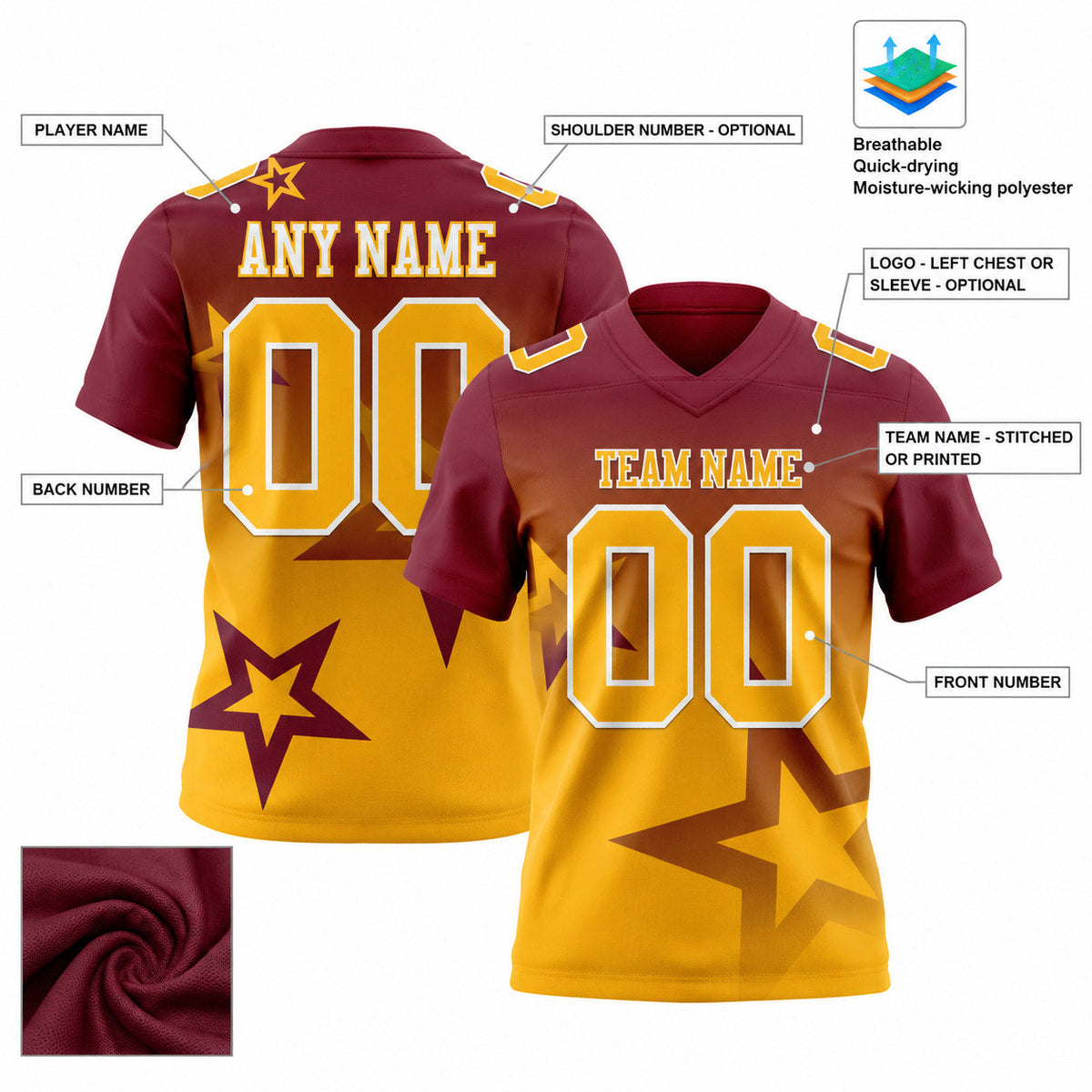 Custom Burgundy Gradient Twinkle Star Authentic Football Jersey with Gold and White Lettering customization guide