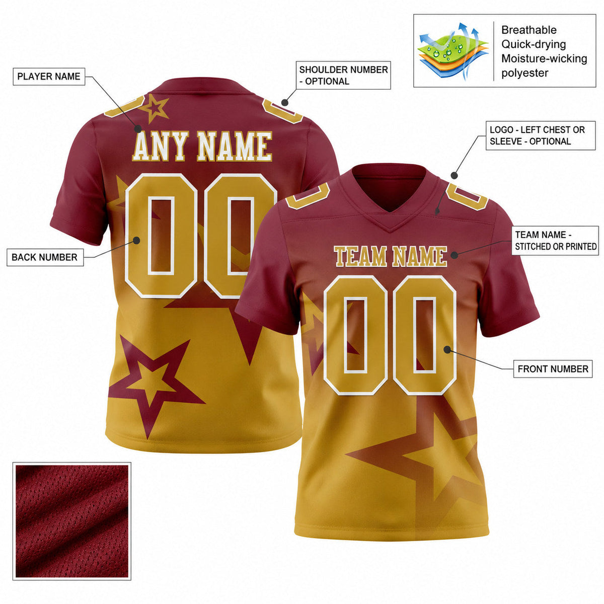 Custom Burgundy Gradient Twinkle Star Authentic Football Jersey with Old Gold and White Lettering customization guide