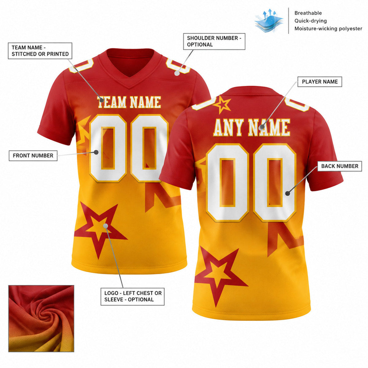 Custom Red Gradient Twinkle Star Authentic Football Jersey with White and Gold Lettering customization guide