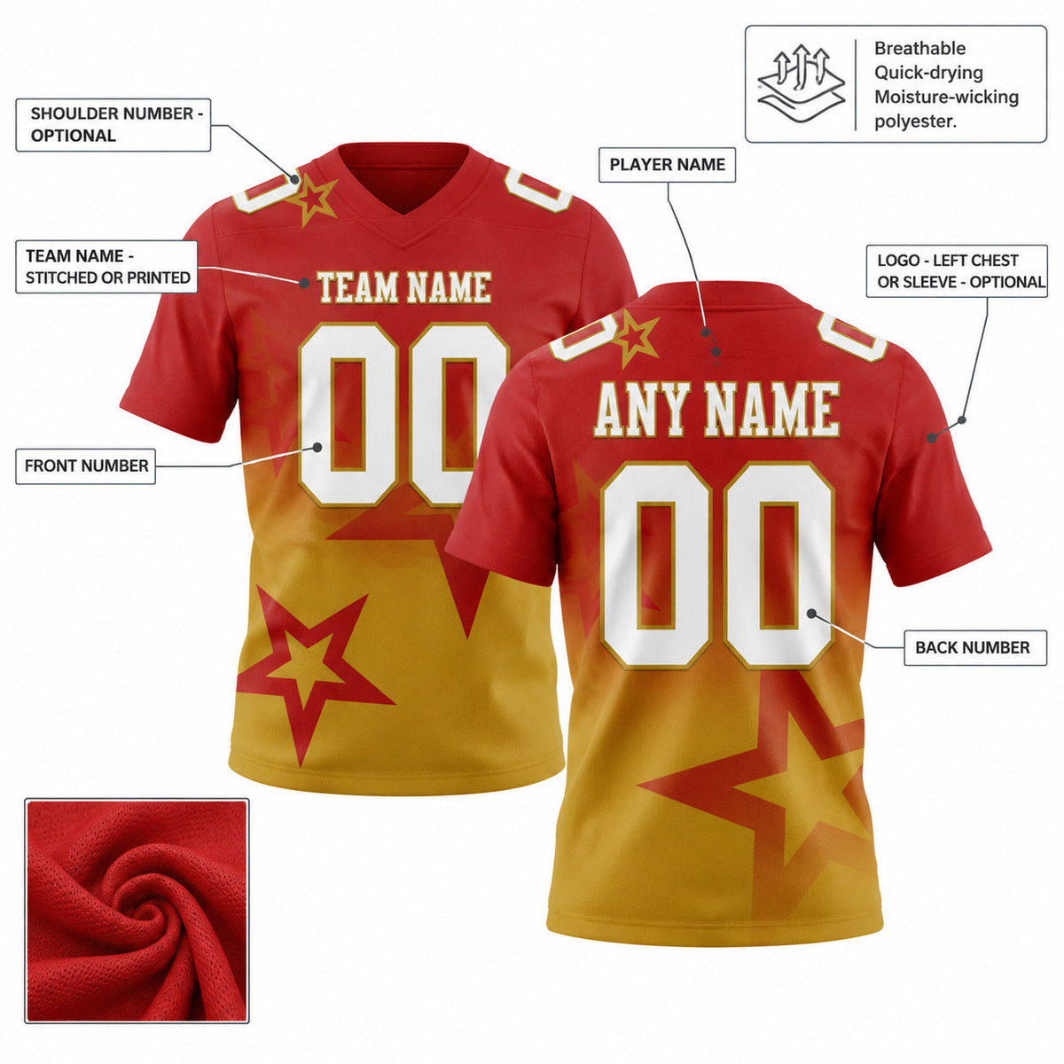 Custom Red Gradient Twinkle Star Authentic Football Jersey with White and Old Gold Lettering customization guide
