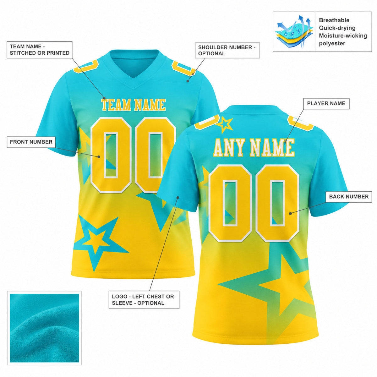 Custom Lakes Blue Gradient Twinkle Star Authentic Football Jersey with Yellow and White Lettering customization guide
