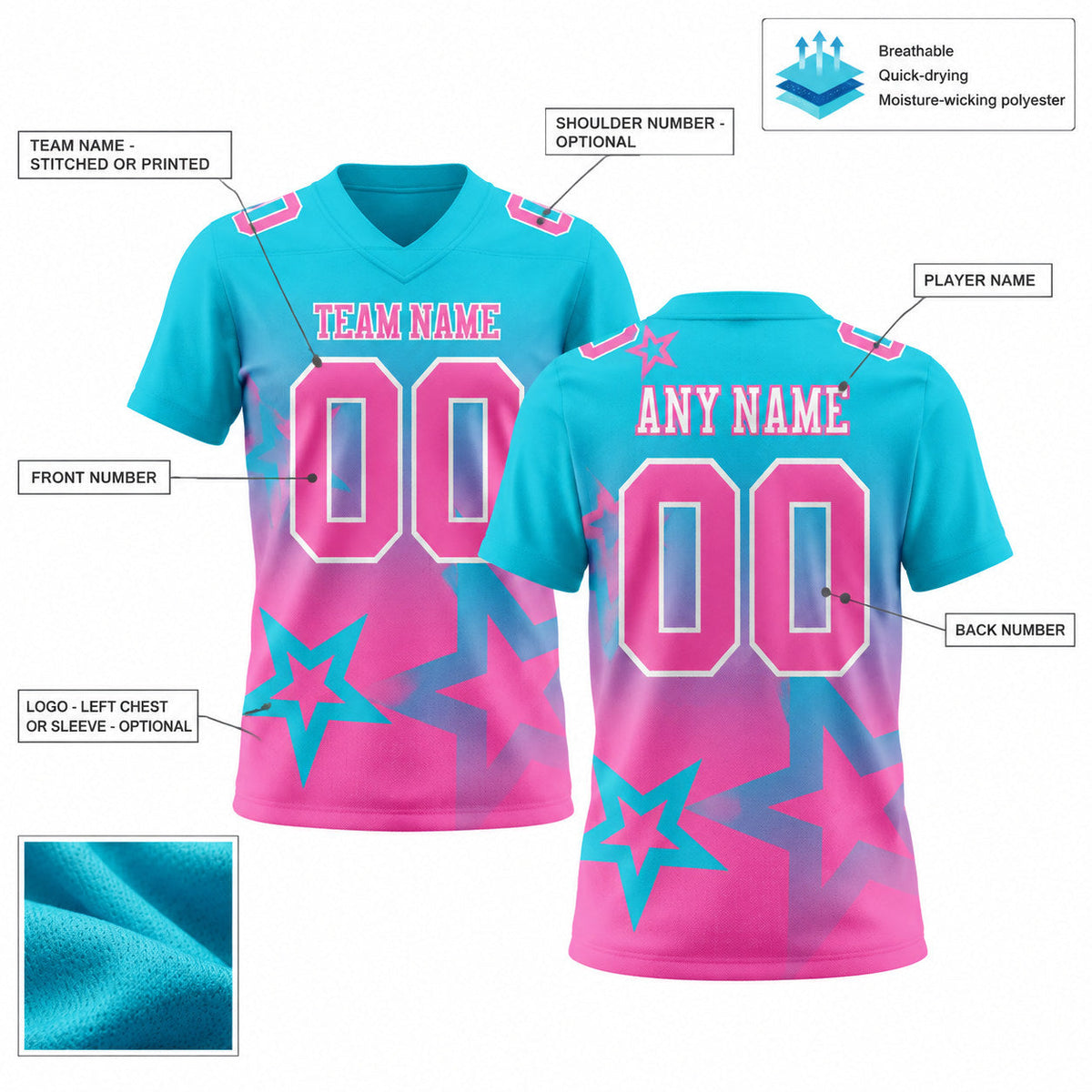 Custom Lakes Blue Gradient Twinkle Star Authentic Football Jersey with Pink and White Lettering customization guide