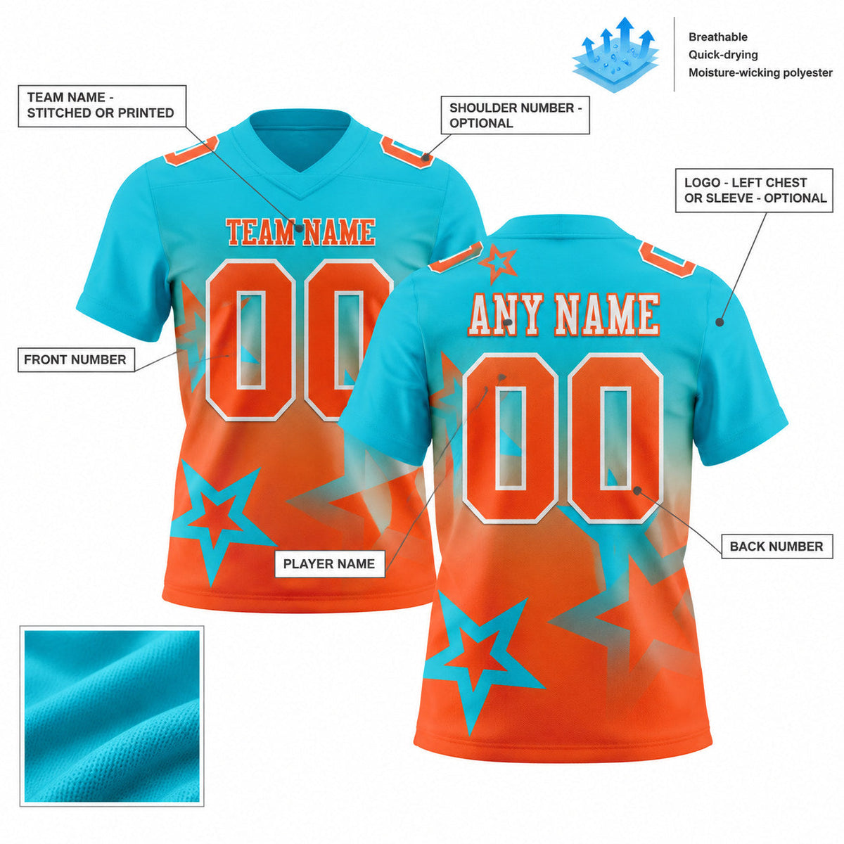 Custom Lakes Blue Gradient Twinkle Star Authentic Football Jersey with Orange and White Lettering customization guide
