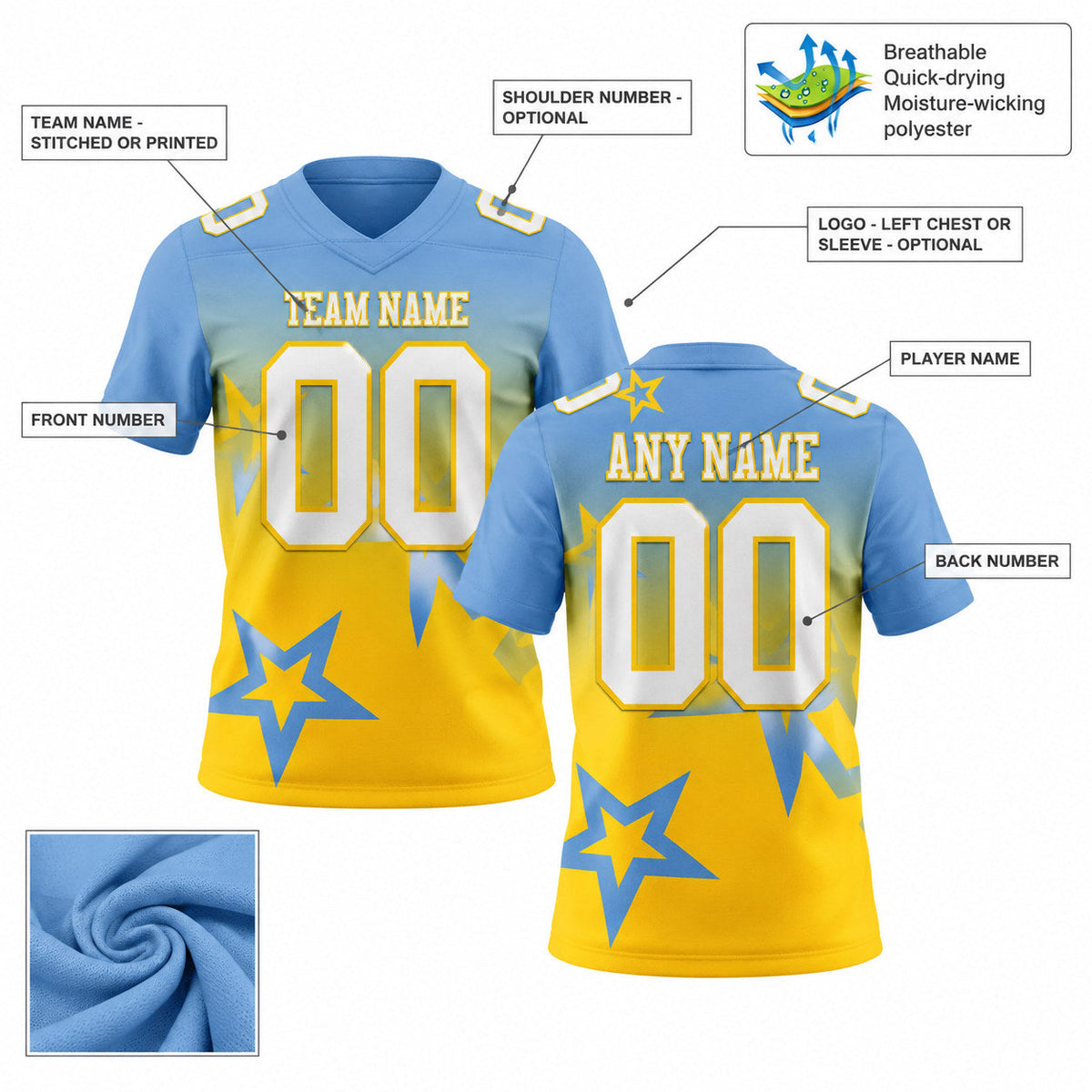 Custom Light Blue Gradient Twinkle Star Authentic Football Jersey with White and Yellow Lettering customization guide