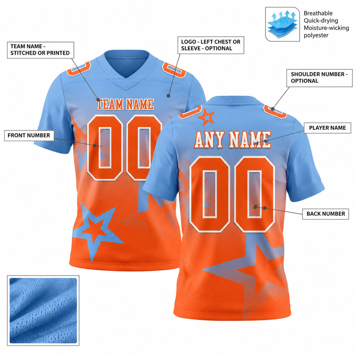 Custom Light Blue Gradient Twinkle Star Authentic Football Jersey with Orange and White Lettering customization guide