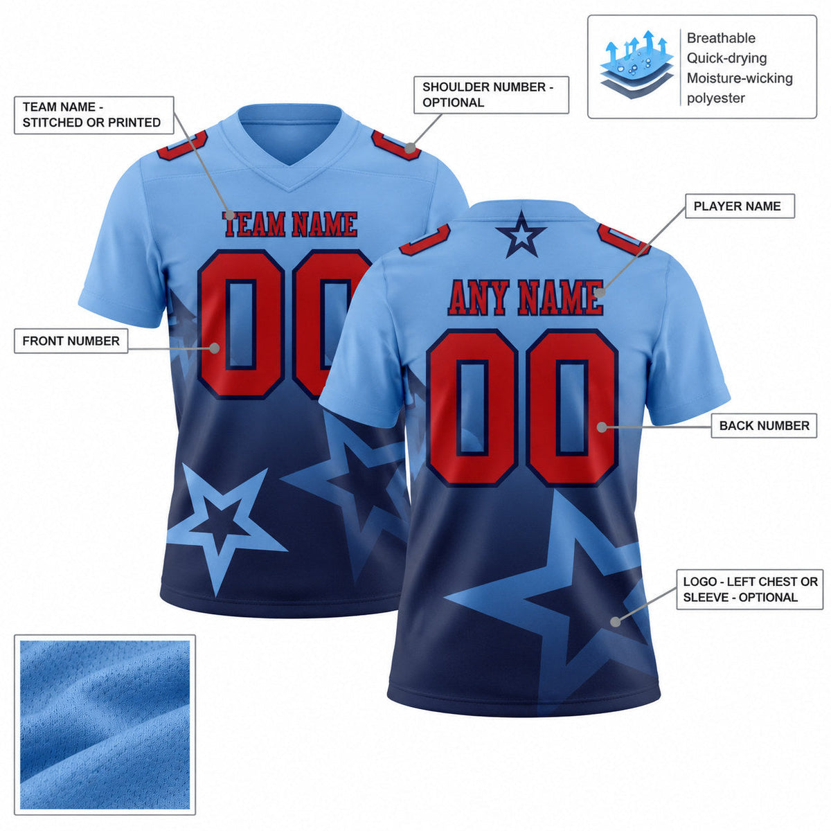 Custom Light Blue Gradient Twinkle Star Authentic Football Jersey with Red and Navy Lettering customization guide