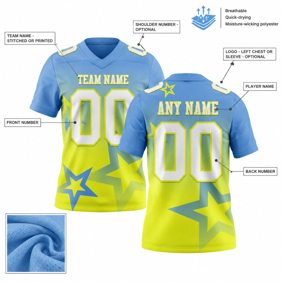 Custom Light Blue Gradient Twinkle Star Football Jersey with White and Neon Yellow Lettering customization guide