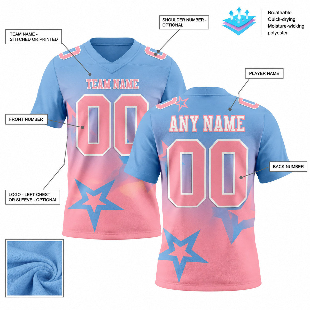 Custom Light Blue Gradient Twinkle Star Football Jersey with Medium Pink and White Lettering customization guide