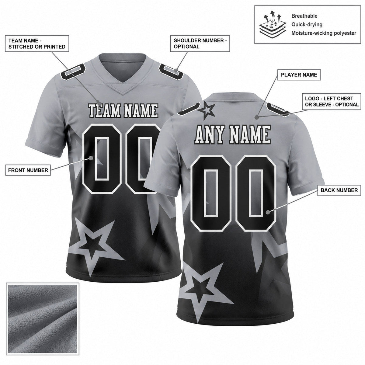 Custom Gray Gradient Twinkle Star Authentic Football Jersey with Black and White Lettering customization guide