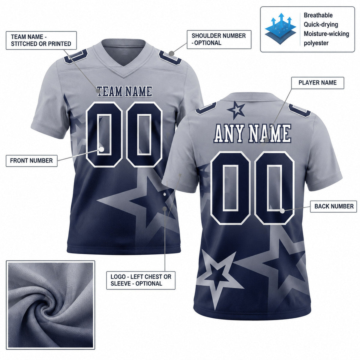 Custom Gray Gradient Twinkle Star Authentic Football Jersey with Navy and White Lettering customization guide