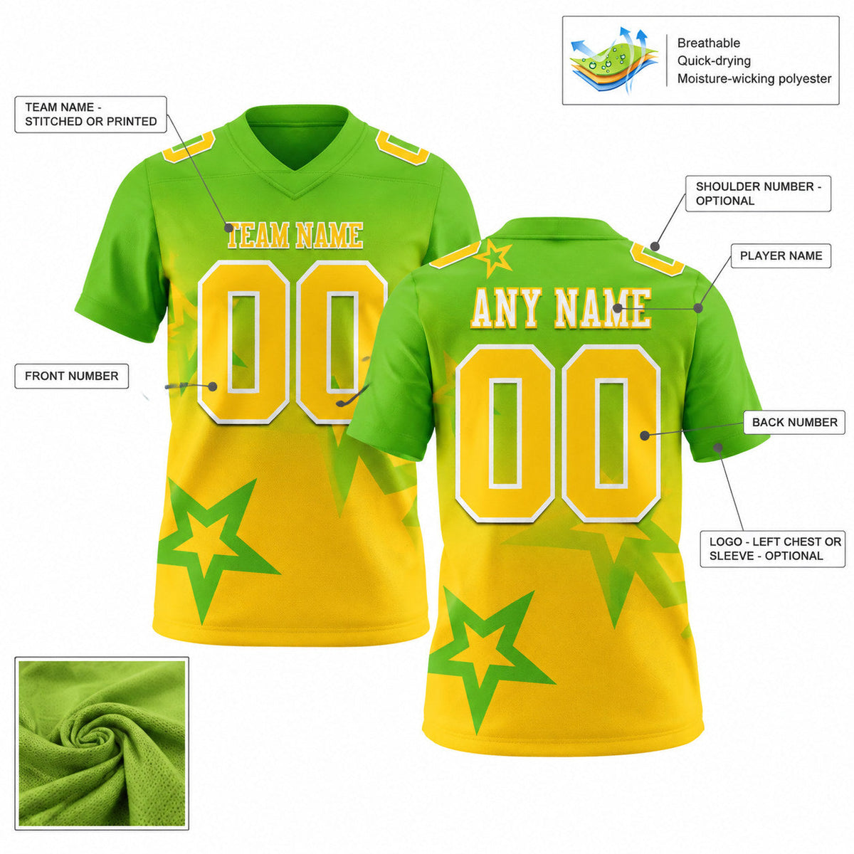 Custom Aurora Green Gradient Twinkle Star Authentic Football Jersey with Yellow and White Lettering customization guide