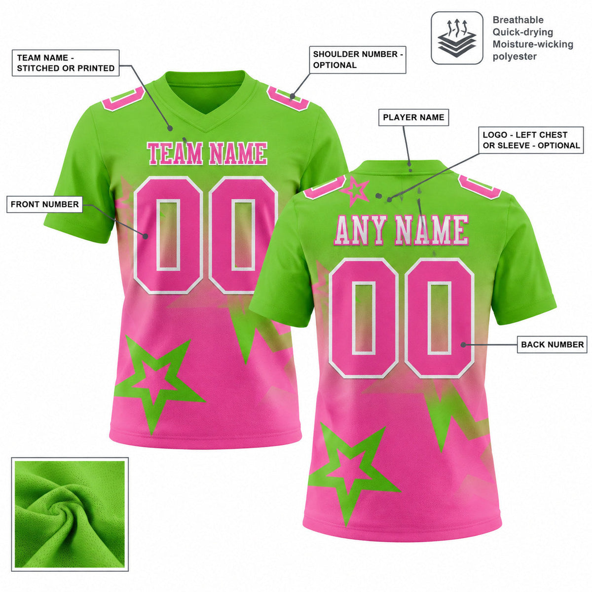 Custom Aurora Green Gradient Twinkle Star Authentic Football Jersey with Pink and White Lettering customization guide