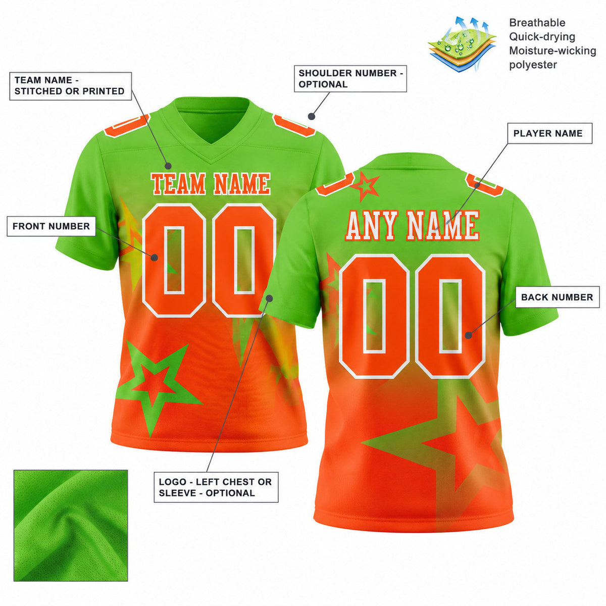Custom Aurora Green Gradient Twinkle Star Authentic Football Jersey with Orange and White Lettering customization guide
