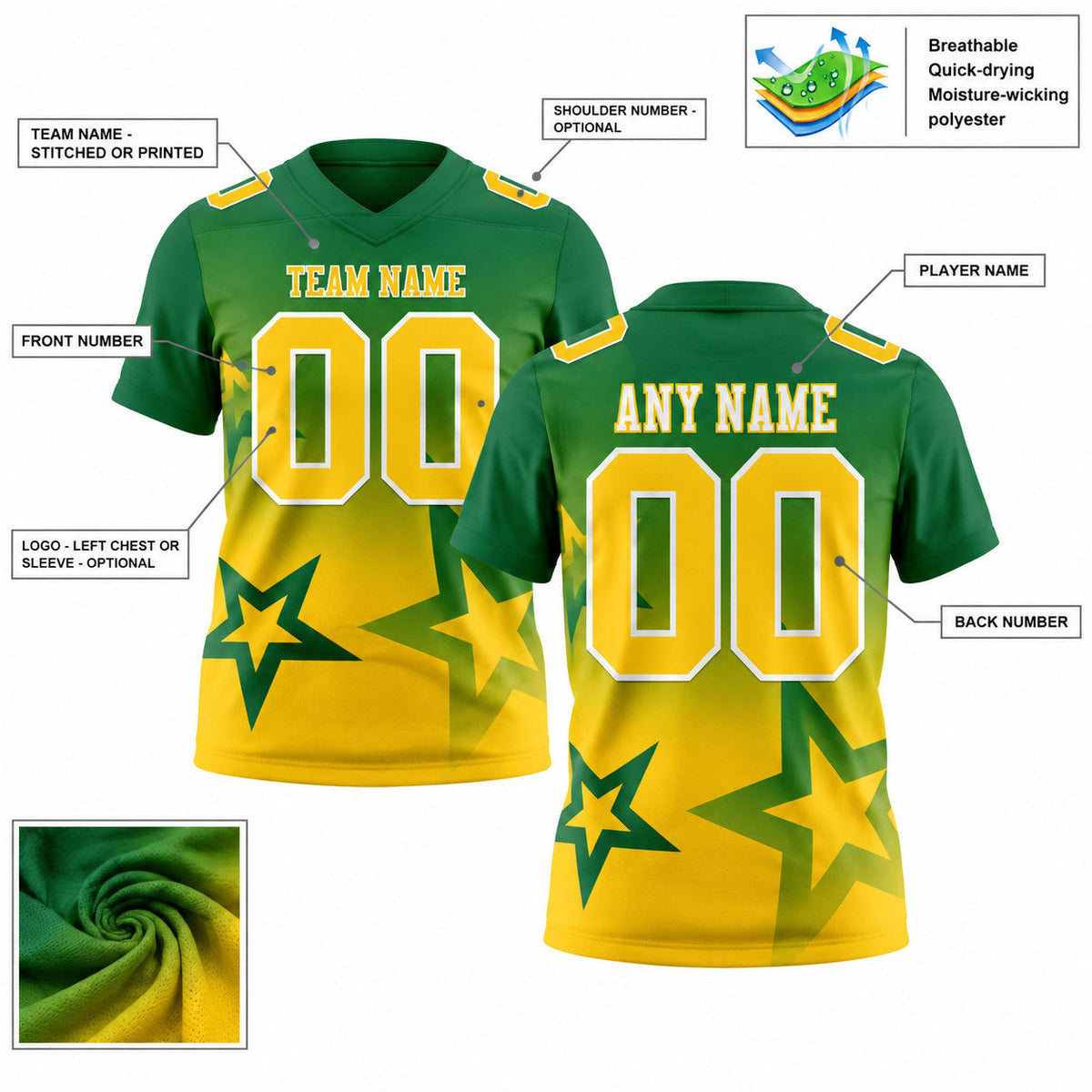 Custom Kelly Green Gradient Twinkle Star Authentic Football Jersey with Yellow and White Lettering customization guide