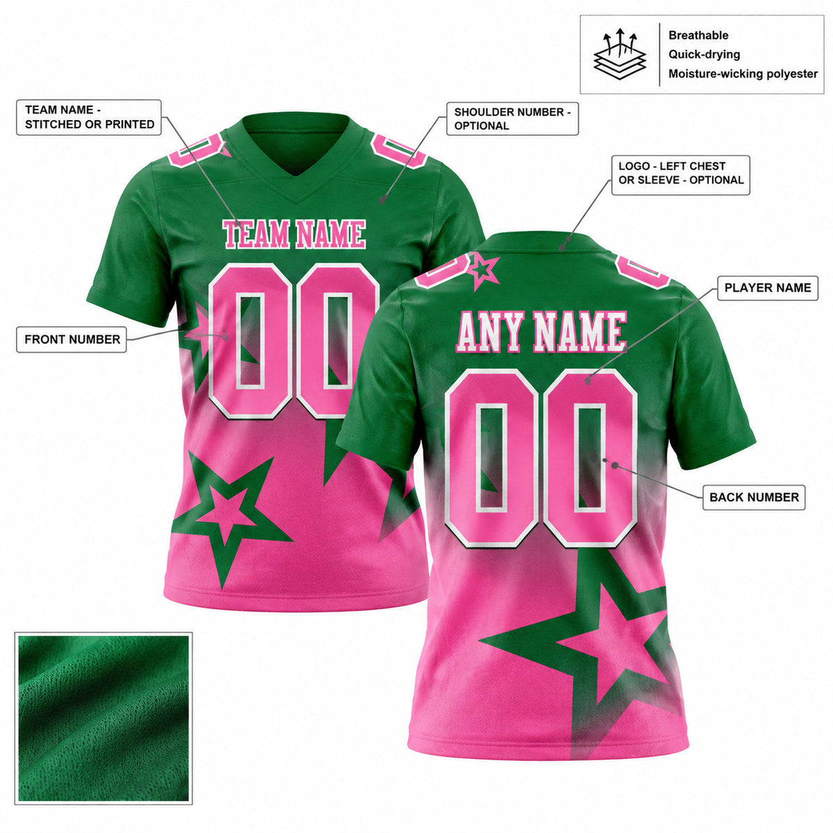 Custom Kelly Green Gradient Twinkle Star Authentic Football Jersey with Pink and White Lettering customization guide