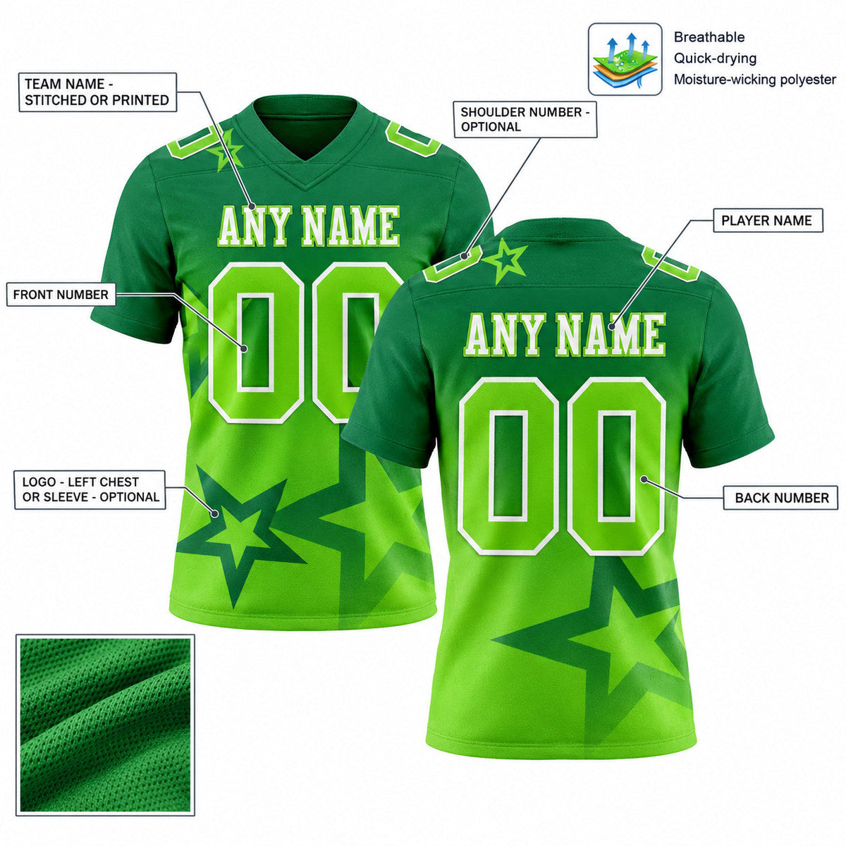 Custom Kelly Green Gradient Twinkle Star Football Jersey with Neon Green and White Lettering customization guide