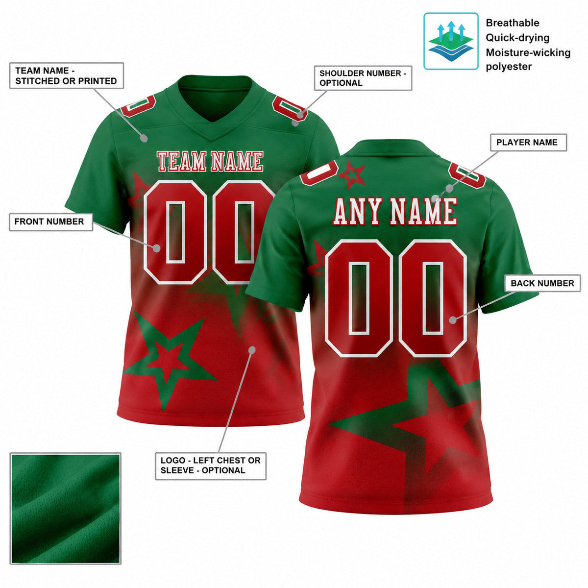 Custom Kelly Green Gradient Twinkle Star Authentic Football Jersey with Red and White Lettering customization guide