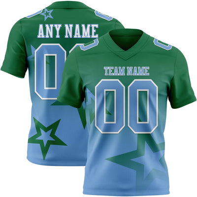 Custom Kelly Green Gradient Twinkle Star Football Jersey with Light Blue and White Lettering