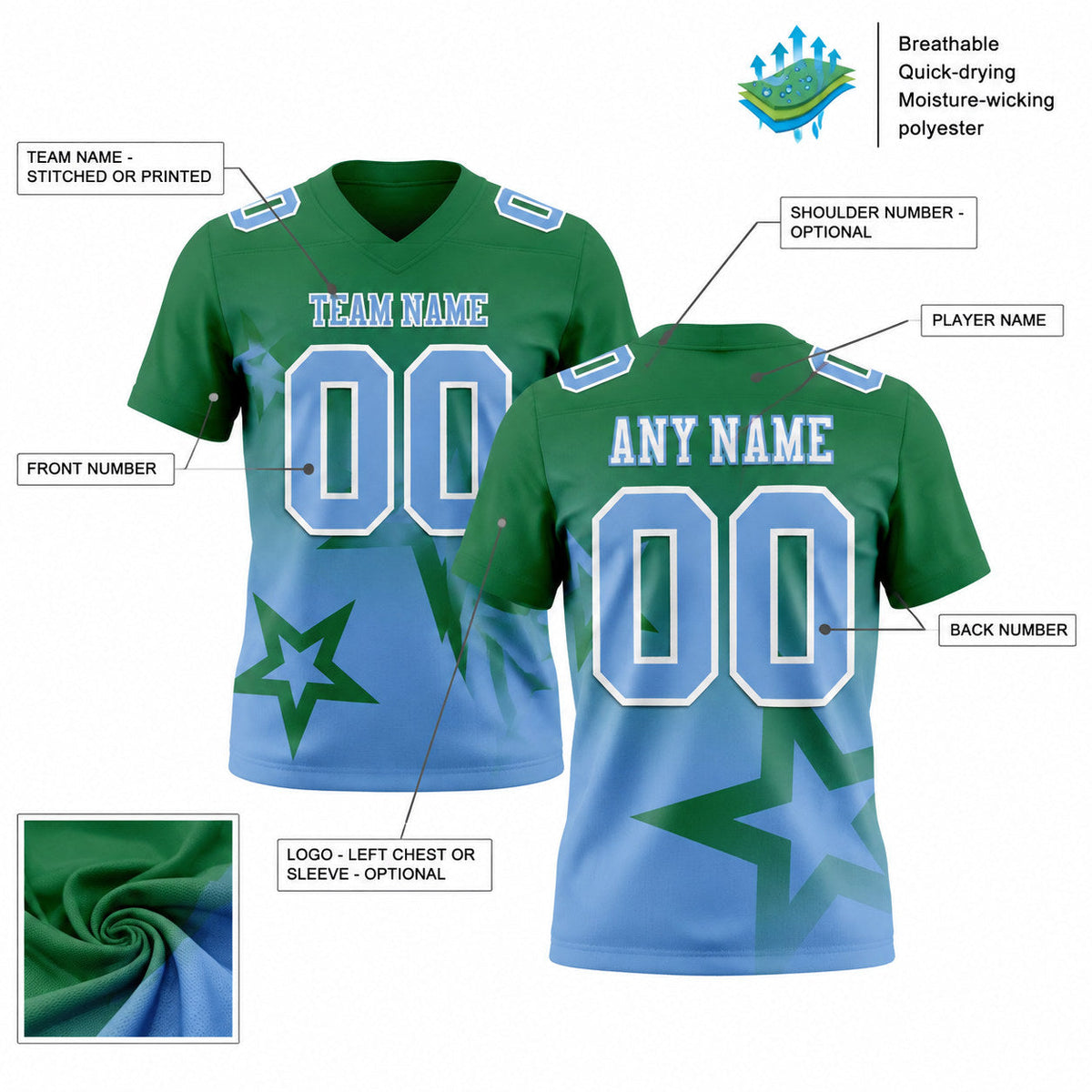 Custom Kelly Green Gradient Twinkle Star Football Jersey with Light Blue and White Lettering customization guide