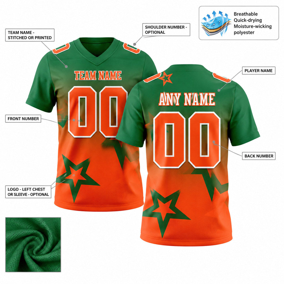 Custom Kelly Green Gradient Twinkle Star Authentic Football Jersey with Orange and White Lettering customization guide