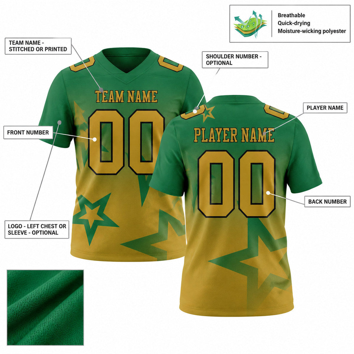 Custom Kelly Green Gradient Twinkle Star Authentic Football Jersey with Old Gold and Black Lettering customization guide