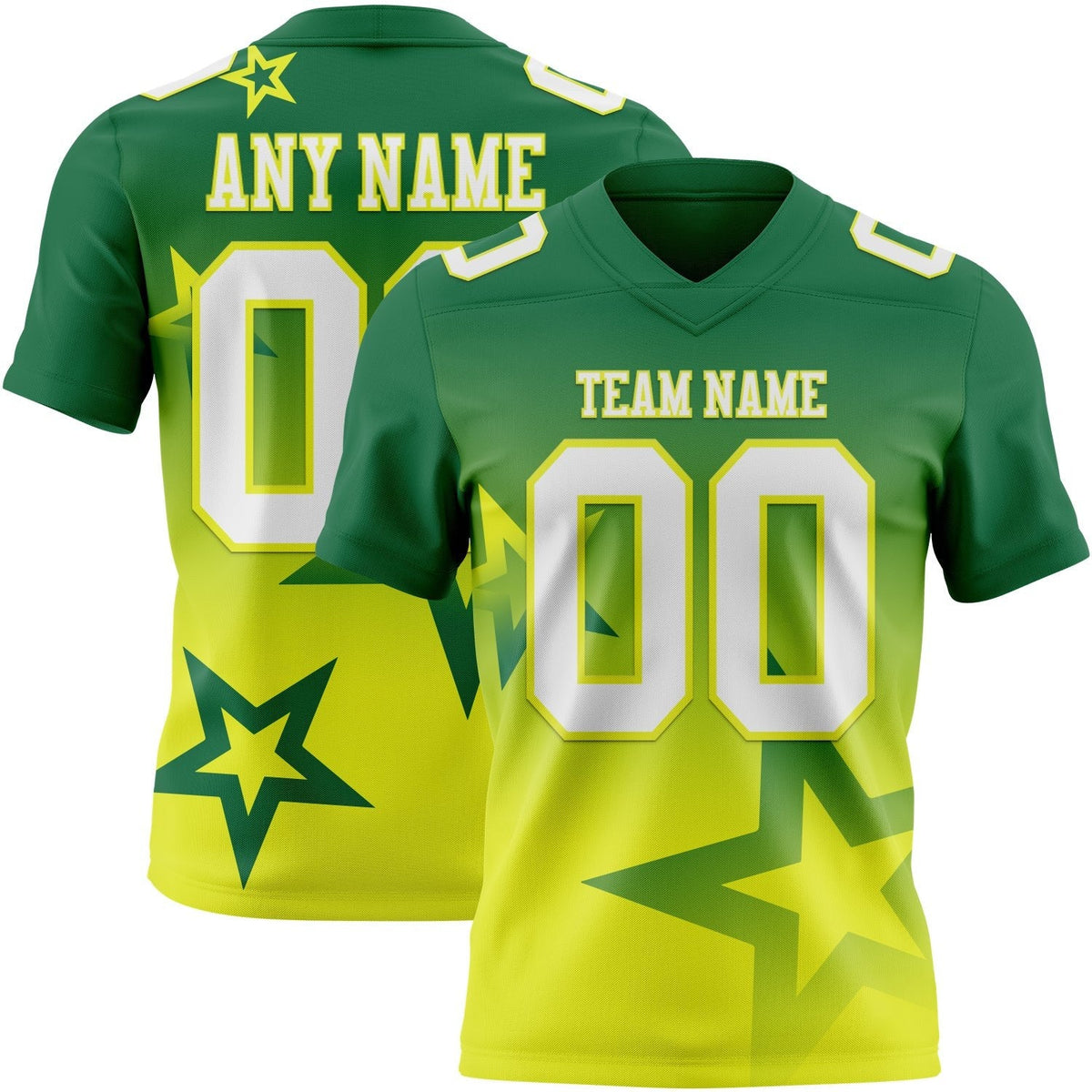 Custom Kelly Green White-Neon Yellow Authentic Gradient Style Twinkle Star Football Jersey