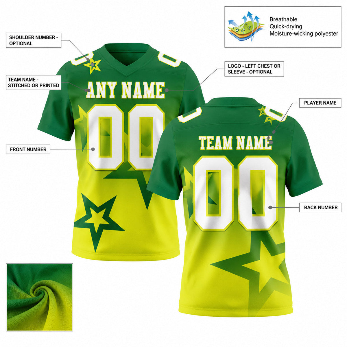 Custom Kelly Green Gradient Twinkle Star Football Jersey with White and Neon Yellow Lettering customization guide