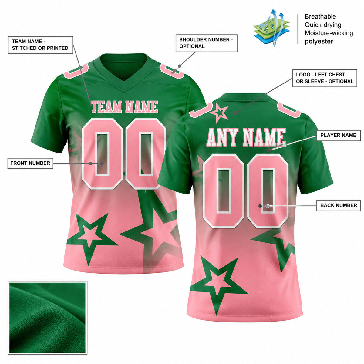 Custom Kelly Green Gradient Twinkle Star Football Jersey with Medium Pink and White Lettering customization guide