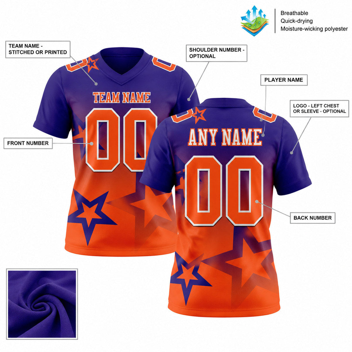Custom Dark Purple Gradient Twinkle Star Authentic Football Jersey with Orange and White Lettering customization guide