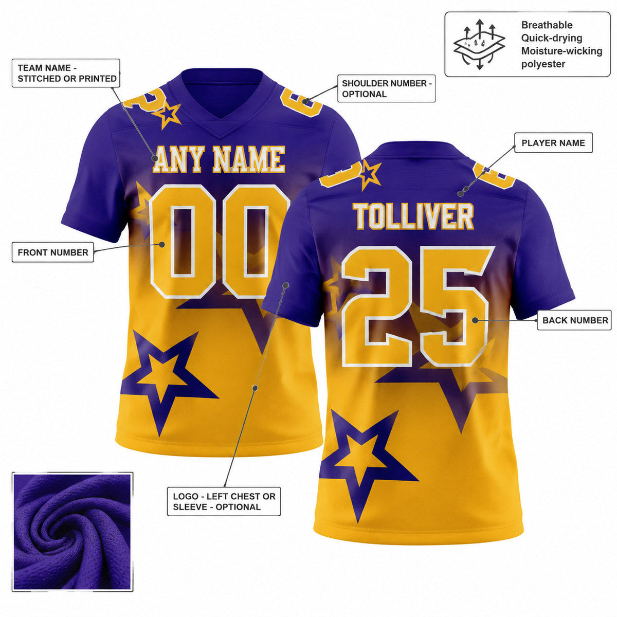 Custom Dark Purple Gradient Twinkle Star Authentic Football Jersey with Gold and White Lettering customization guide