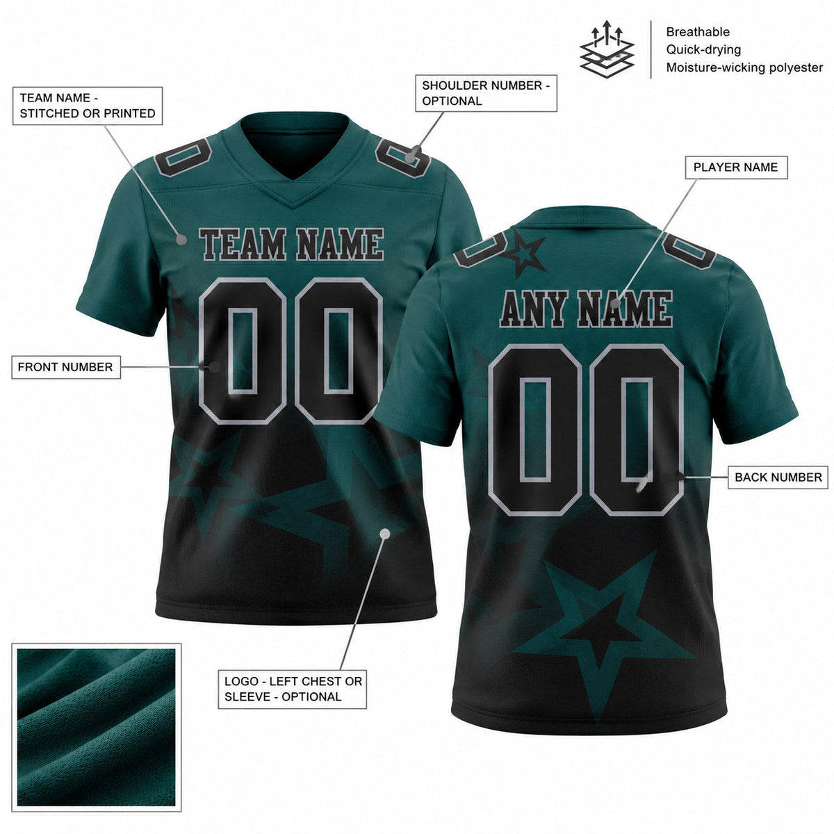 Custom Midnight Green Gradient Twinkle Star Authentic Football Jersey with Black and Gray Lettering customization guide