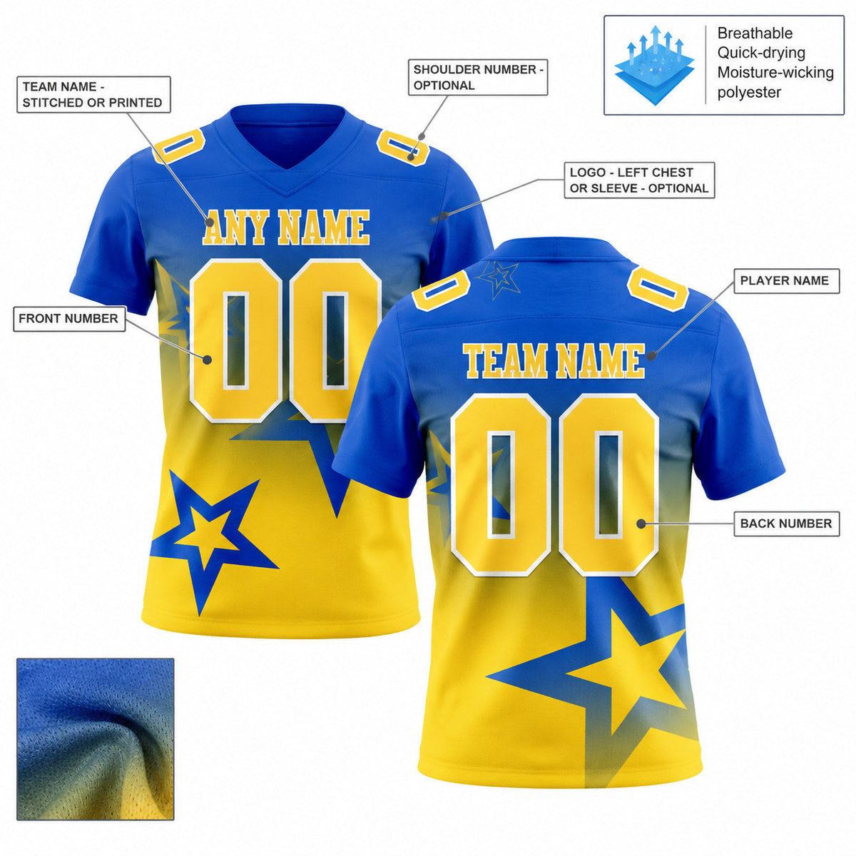 Custom Thunder Blue Gradient Twinkle Star Authentic Football Jersey with Yellow and White Lettering customization guide