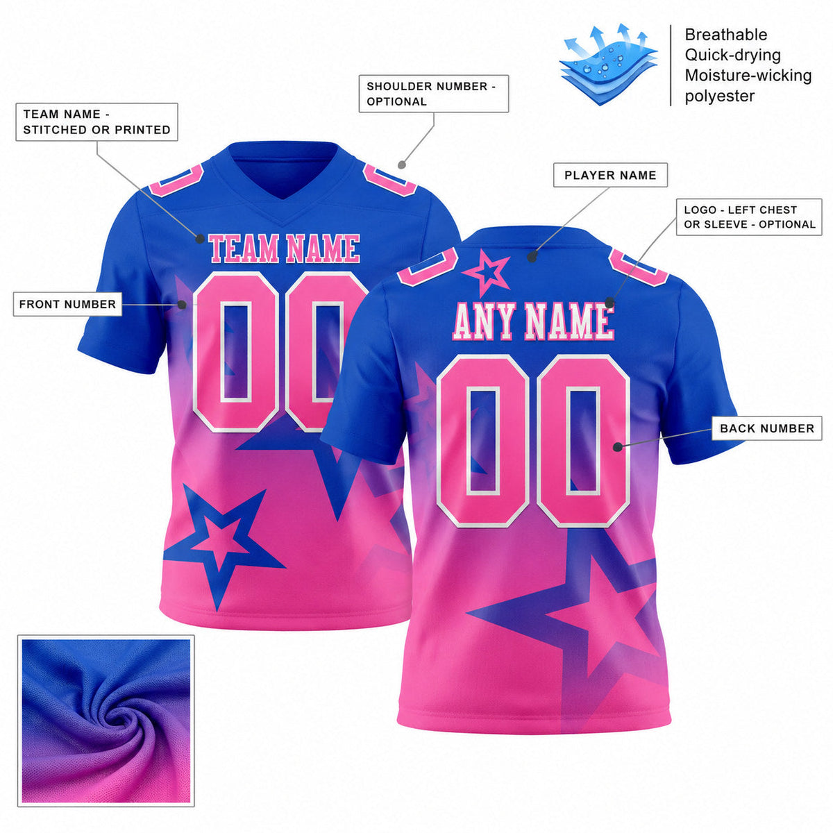 Custom Thunder Blue Gradient Twinkle Star Authentic Football Jersey with Pink and White Lettering customization guide