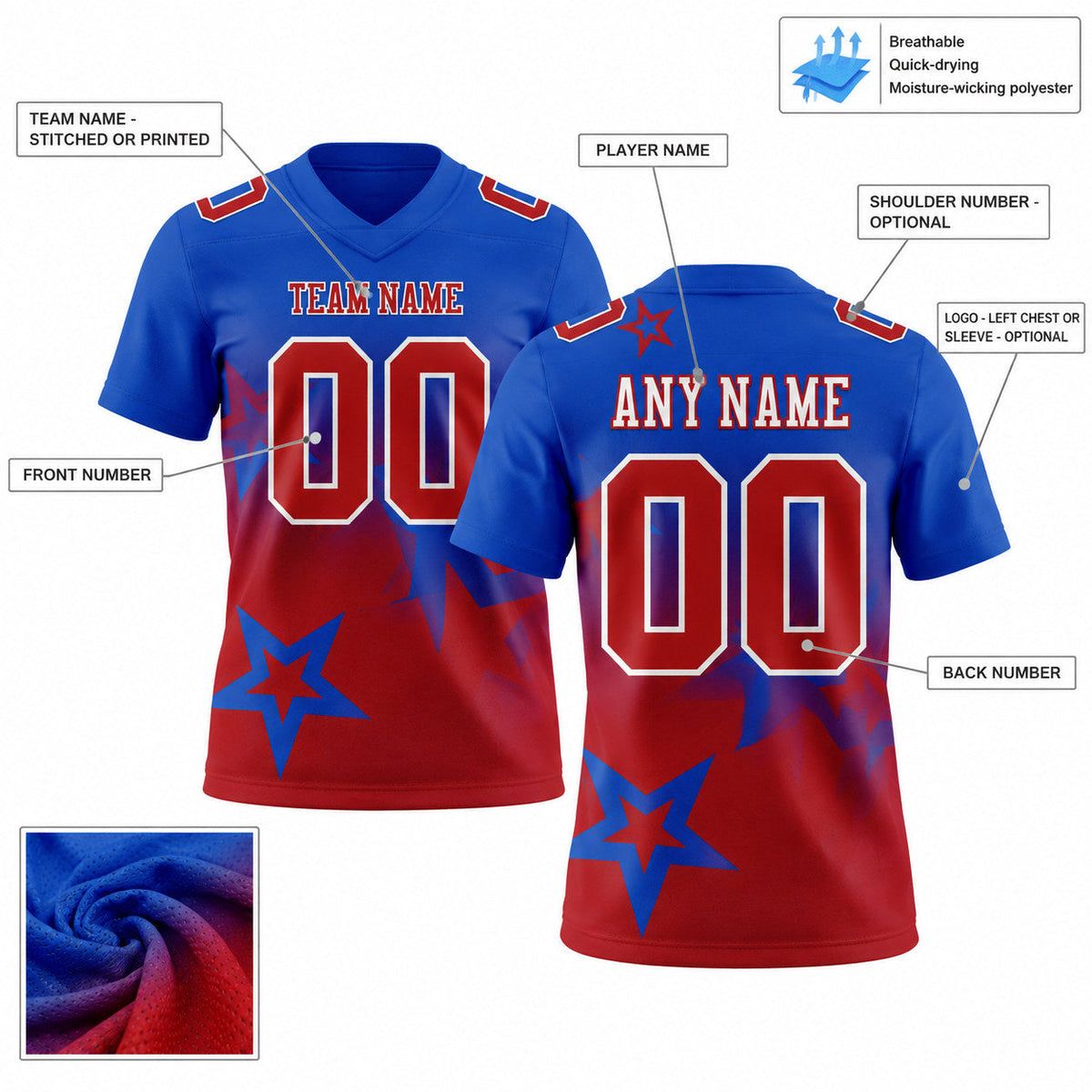 Custom Thunder Blue Gradient Twinkle Star Authentic Football Jersey with Red and White Lettering customization guide