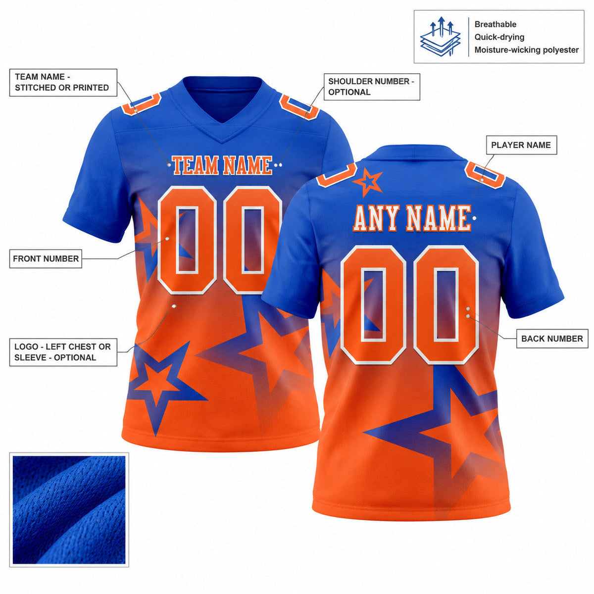 Custom Thunder Blue Gradient Twinkle Star Authentic Football Jersey with Orange and White Lettering customization guide