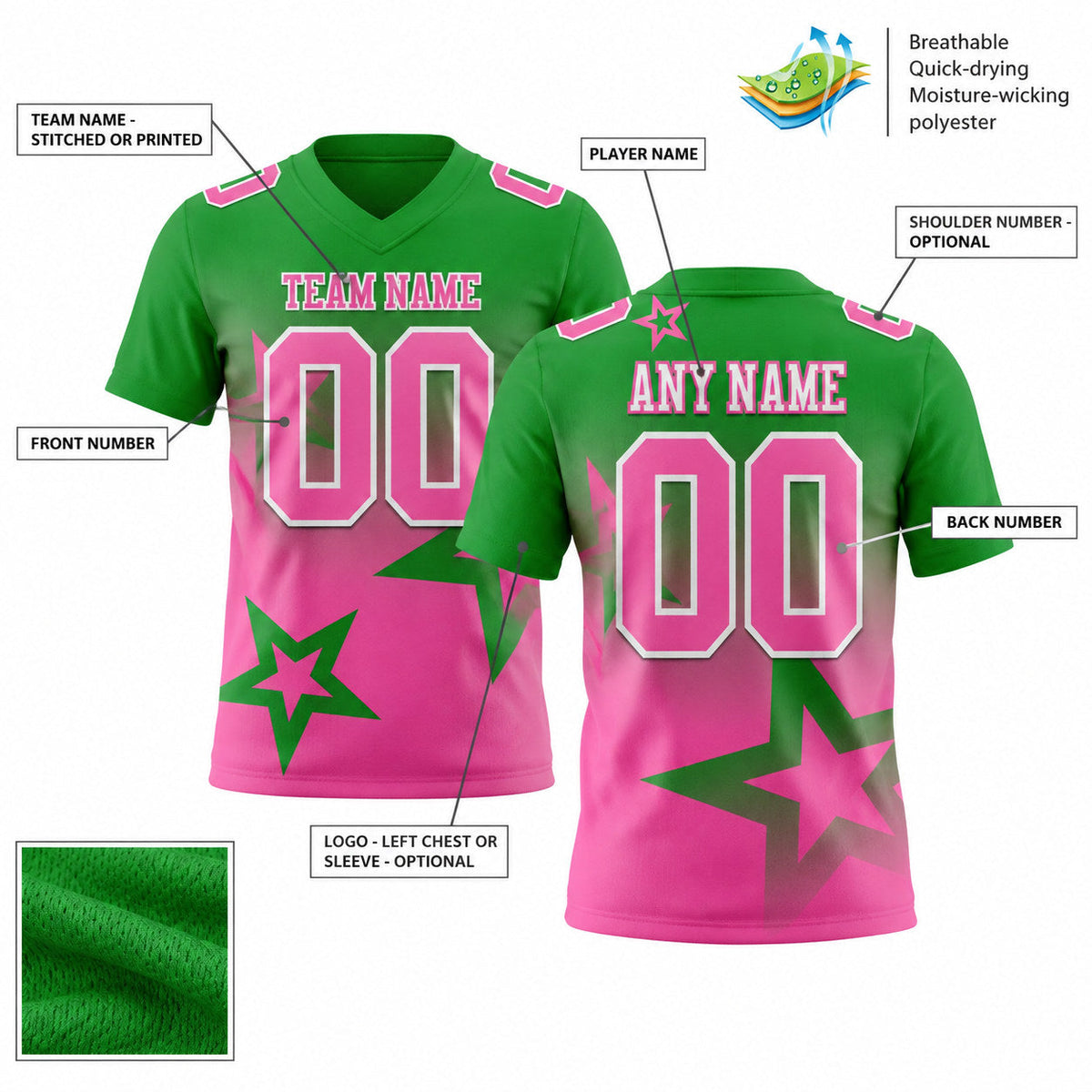 Custom Grass Green Gradient Twinkle Star Authentic Football Jersey with Pink and White Lettering customization guide