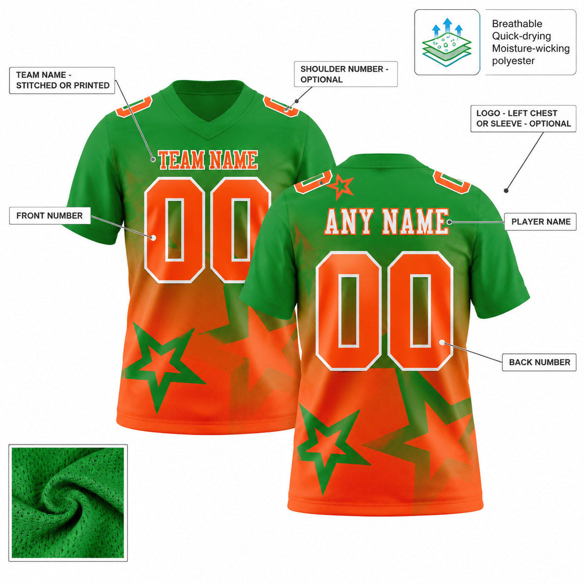 Custom Grass Green Gradient Twinkle Star Authentic Football Jersey with Orange and White Lettering customization guide