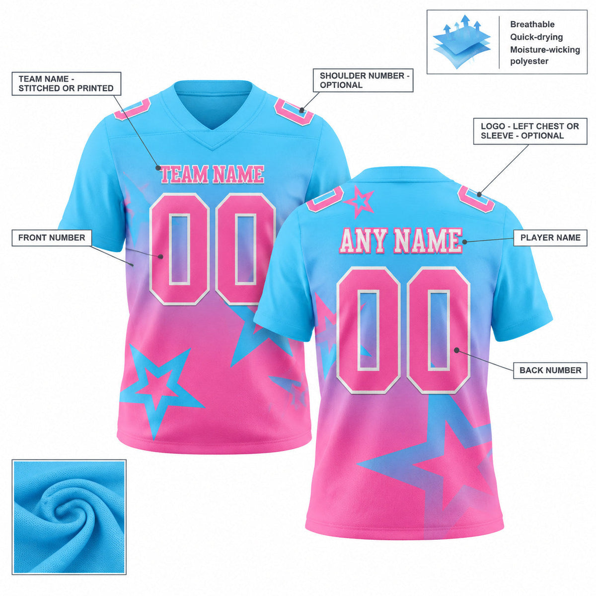 Custom Sky Blue Gradient Twinkle Star Authentic Football Jersey with Pink and White Lettering customization guide