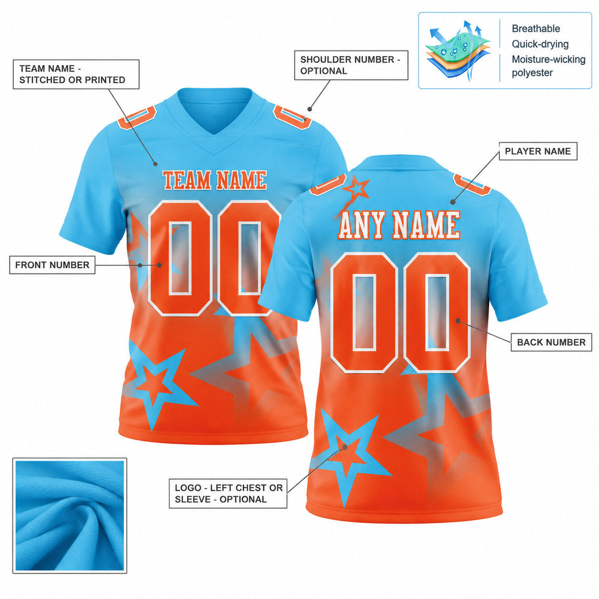 Custom Sky Blue Gradient Twinkle Star Authentic Football Jersey with Orange and White Lettering customization guide