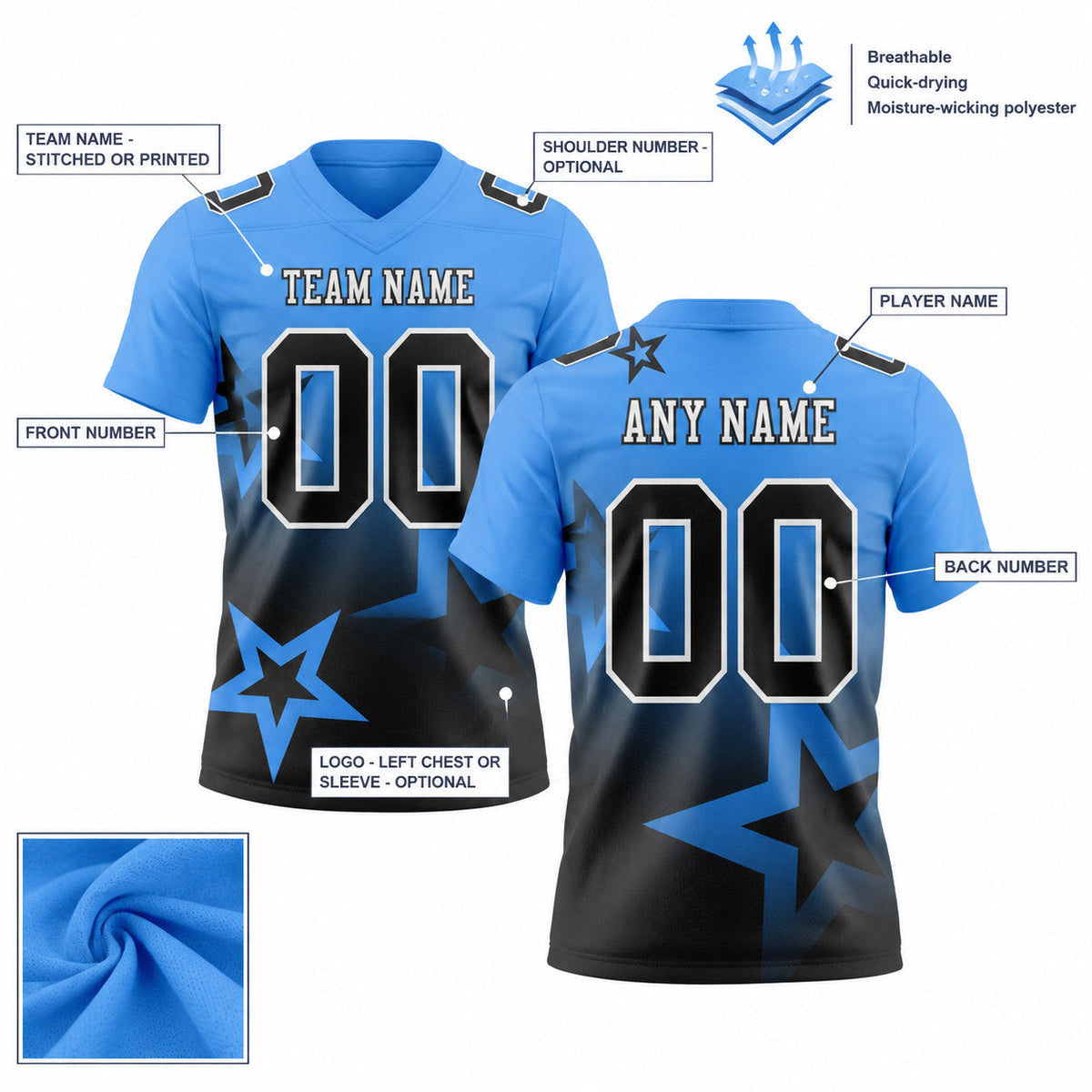 Custom Powder Blue Gradient Twinkle Star Authentic Football Jersey with Black and White Lettering customization guide